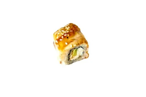 Roll with eel rice, cheese and avocado in nori. Isolated Stock Photos