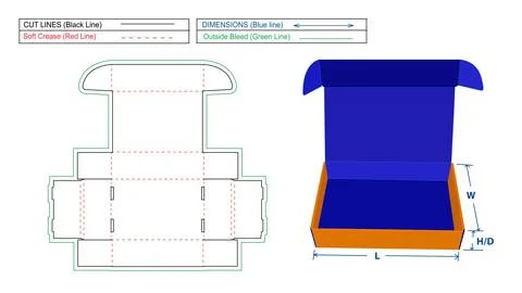 Roll End Front Tuck (REFT) Corrugated mailer box or shipping box dieline temp Stock Illustration