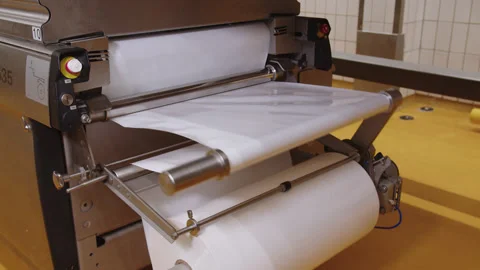 Roll of food-grade polyethylene for packaging meat products is loaded into Stock Footage 205489508