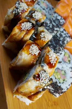 Roll made of smoked eel Stock Photos