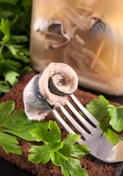 Roll of the marinated sprat with bread Stock Photos