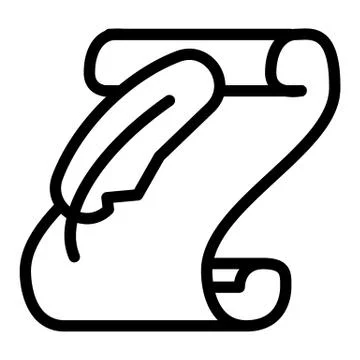 Roll of old paper and feather line icon. Manuscript and quill vector Stock Illustration