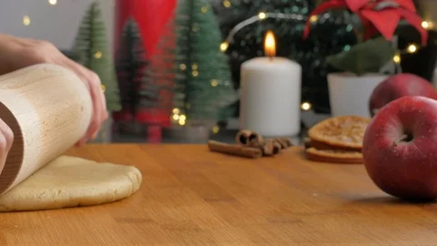 Roll out the cookies dough with a rolling pin. christmas Stock Footage 119304534