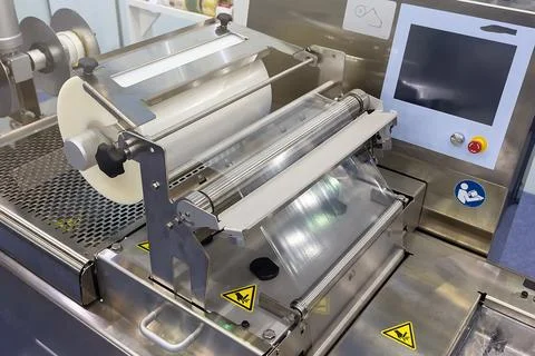 Roll of plastic packaging film on the automatic packing machine Stock Photos