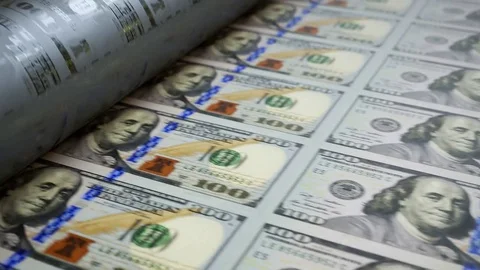 Roll of Printed US Hundred Dollar Bills in Currency Production Stockbeeldmateriaal 81249637