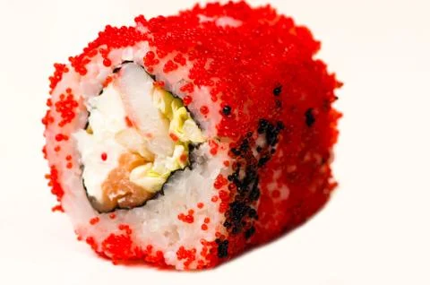 Roll with red caviar closeup Stock Photos