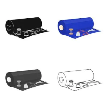 A roll of sewing fabric, scissors, a thimble and a thread coil. Sewing and Illustrazione stock