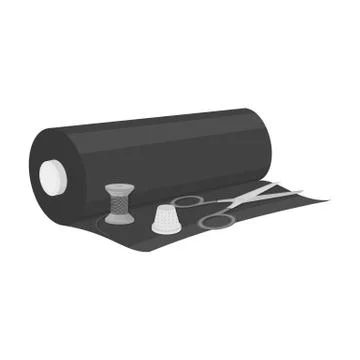 A roll of sewing fabric, scissors, a thimble and a thread coil. Sewing and Illustrazione stock