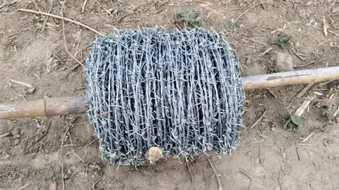 Roll of sharp galvanized barbed wire on a wooden pole for high security fencing Stock-Footage 325416364
