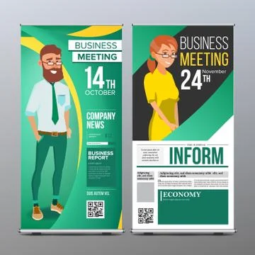 Roll Up Stand Vector. Vertical Flag Blank Design. Businessman And Business Woman Illustrazione stock