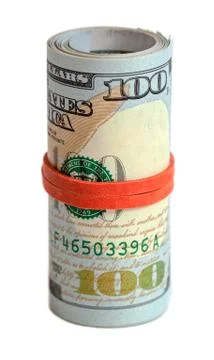 Roll of us dollar wrapped by rubber isolated on white background Stock Photos