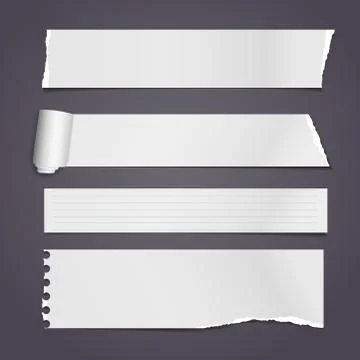 Rolled and ripped white note paper pieces, strips are on dark background for Stock Illustration
