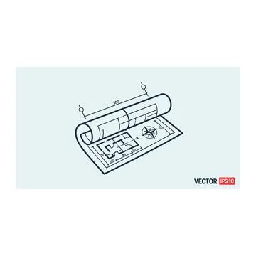 Rolled architectural drawing on light blue background Stock Illustration