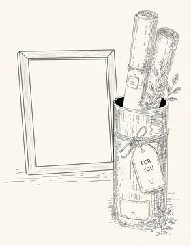 Rolled art prints wrapped in a rustic gift tube and A wooden picture frame Stock Illustration