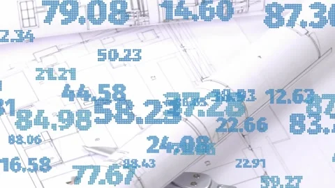 Rolled blueprints with numeric overlay appearing drifting revealing plans, Stock Footage 334744349