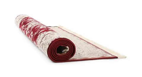 Rolled carpet with pattern on white background. Interior element 스톡 사진