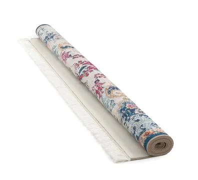 Rolled carpet with pattern on white background. Interior element Stock Photos