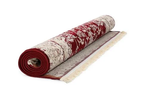 Rolled carpet with pattern on white background. Interior element Stock Photos
