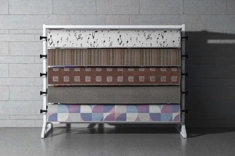 Rolled Carpet Samples with Carpet Shop Display Rack in Showroom. 3d Rendering Stock Illustration