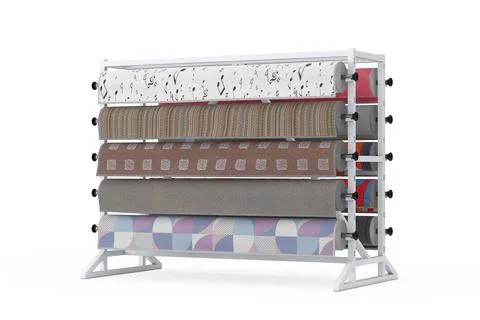 Rolled Carpet Samples with Carpet Shop Display Rack. 3d Rendering Stock Illustration