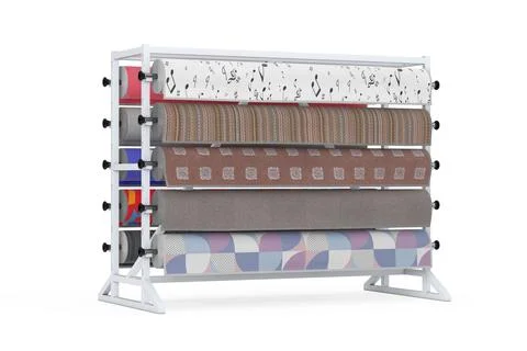 Rolled Carpet Samples with Carpet Shop Display Rack. 3d Rendering Stock Illustration