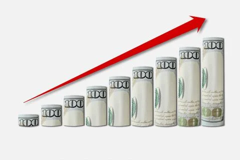Rolled up dollar bills in an ascending chart with a red up arrow. Stock Photos