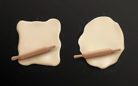 Rolled dough in square and round shape with wooden rolling pin Stock Illustration