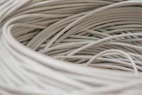 A rolled gray cable is a close up. A bunch of utp wires intertwined with each 库存照片