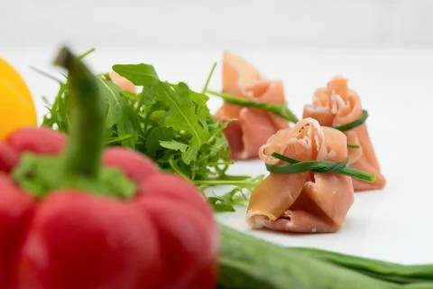 Rolled ham and vegetables Stock Photos