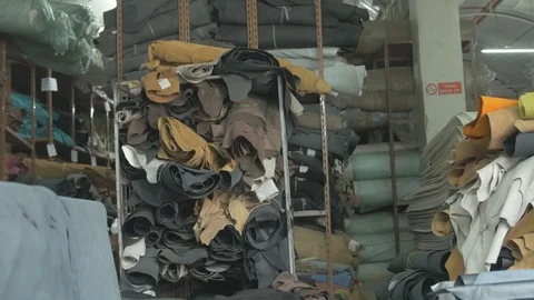 Rolled leather materials in a store Stock Footage 108477086