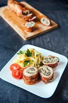 Rolled meat and spaghetti Stockfoto's