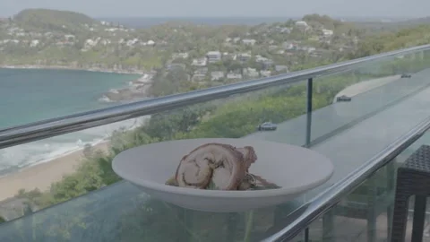 Rolled Meat Dish Served Outdoors With Scenic Sydney Coastline in Background Stock Footage 345725839