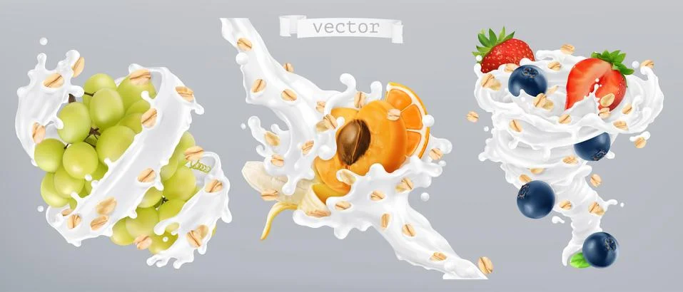 Rolled oats, fruits and milk splashes. 3d realistic vector icon Stock Illustration