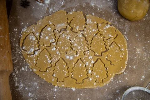 In the rolled out layer of dough, many Christmas trees are cut out, which are Stock Photos