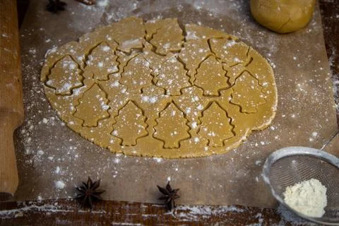 In the rolled out layer of dough, many Christmas trees are cut out, which are Stock Photos