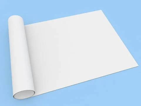 Rolled up roll of white paper A4 size on a blue background. Illustrazione stock