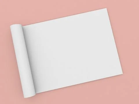 Rolled up roll of white paper A4 size on a orange background. 3d render ill.. Stock-Illustration