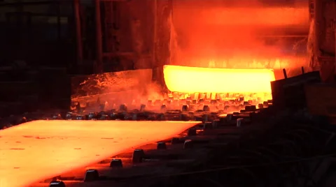 Rolled Sheets of Metal Red Hot Metal Worker in Orange Safety Helmet Approached Stock Footage 53505881