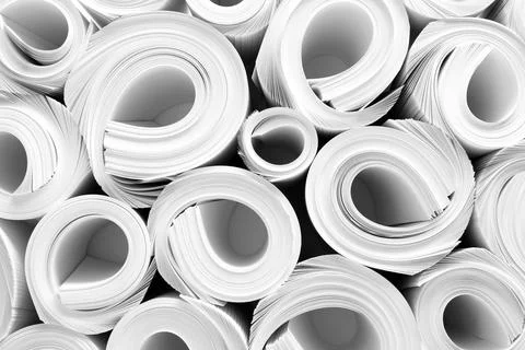 Rolled white paper sheets as background, top view Stock Photos