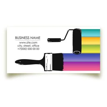 Roller and brush with streaks of colored paint, business card of the painter Stock Illustration