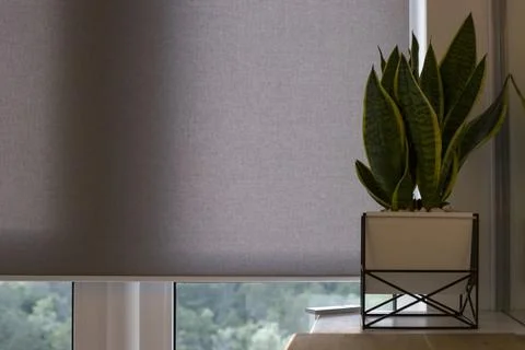 Roller blind with texture beige fabric close up on the window Foto stock