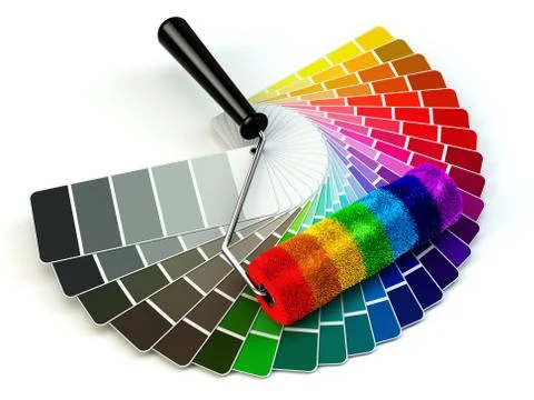 Roller brush and color guide palette in rainbow colors. Ilustración de archivo
