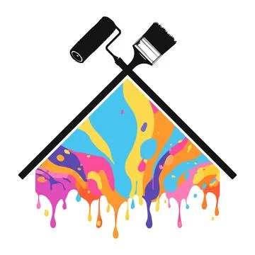 Roller with brush, colored paint drops flowing down and house symbol Stock Illustration