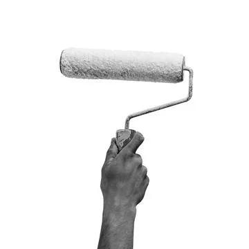 Roller brush in hand against a white background ready for painting Stock Photos