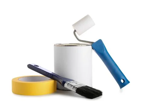 Roller with can of paint, brush and adhesive tape roll on white background Stock-Fotos