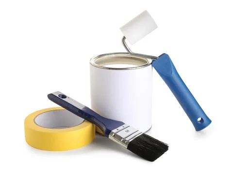 Roller with can of paint, brush and adhesive tape roll on white background Stock-Fotos