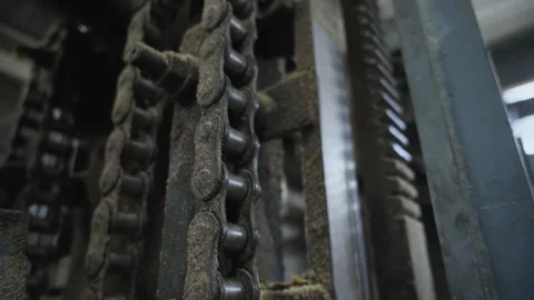 Roller Chain On Metal Gears Mechanically Powering Wood Processing Machinery Stock Footage 160093630