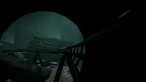 Roller coaster along the bottom of a destroyed city. Stock Footage 292978398