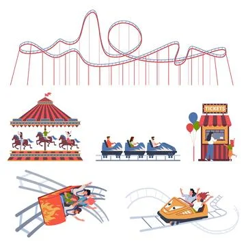 Roller coaster. Amusement park elements, happy visitors in trailers, men and Ilustración de archivo