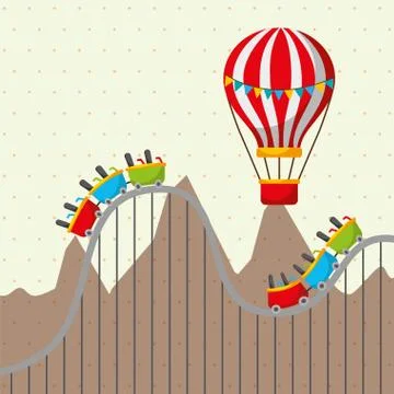 Roller coaster and flying hot air balloon mountains carnival fun fair festival Stock Illustration